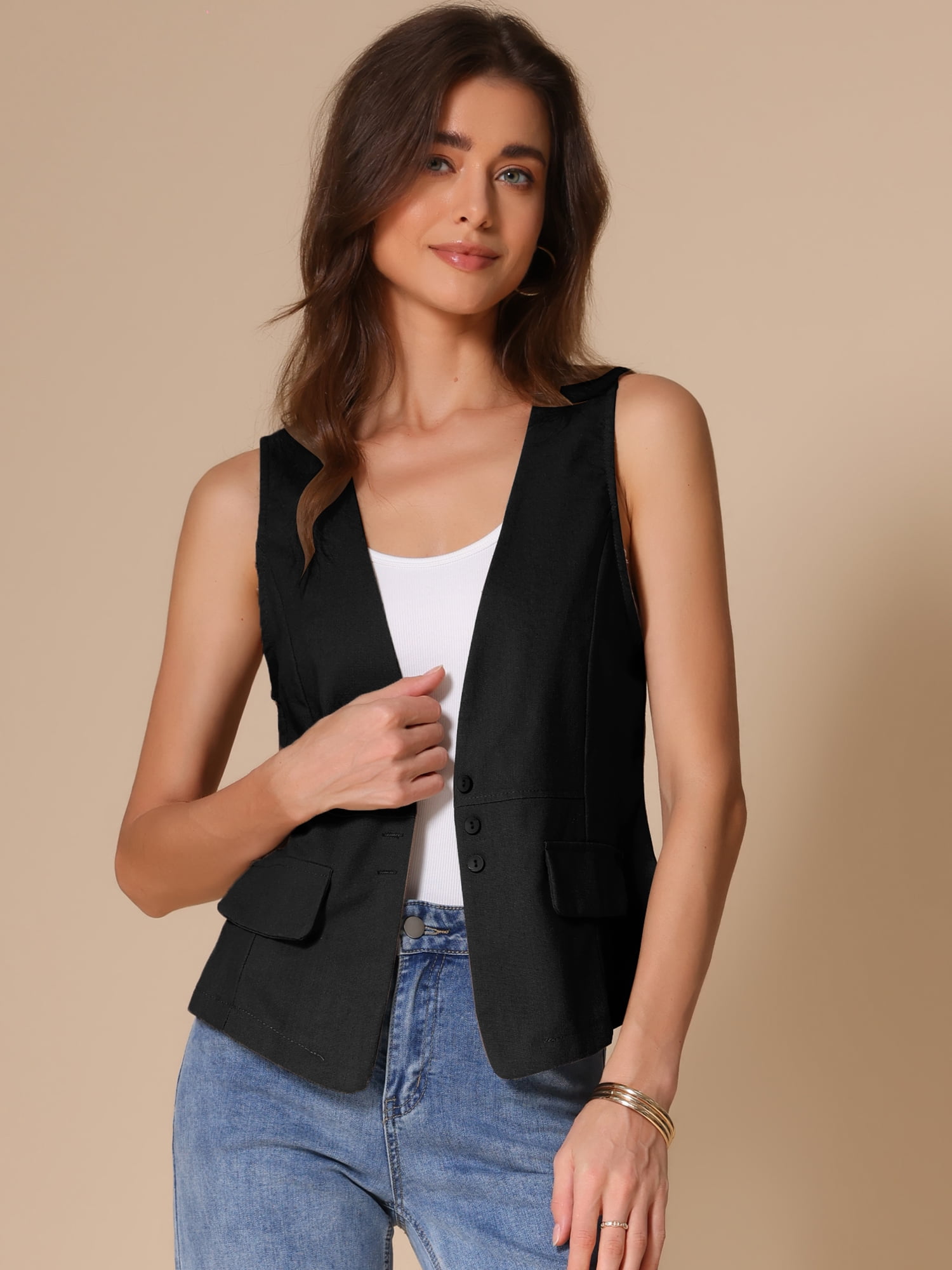 DARING DIVA Womens Linen Vest Loose Sleeveless Blazer Lightweight Jacket L Black