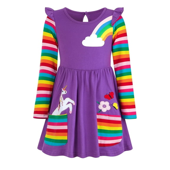WIBACKER Girls Long Sleeve Stretchy Dress Kids A line Twirly Skater Casual Rainbow Unicorn Dresses