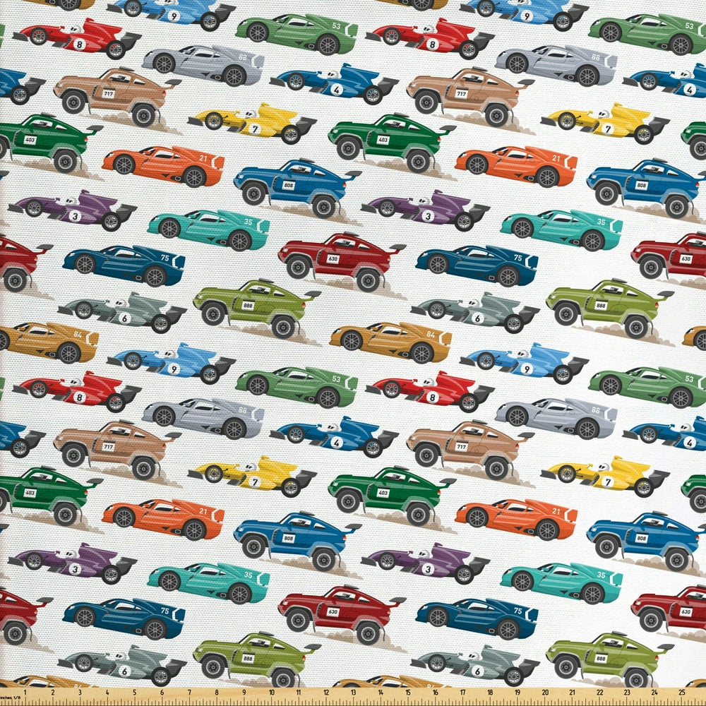 Race Car Fabric by The Yard, Diagonally Arranged Colorful Various