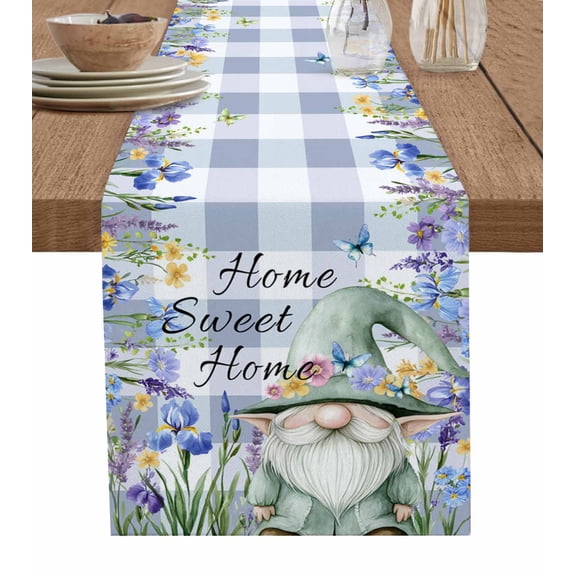 Spring Gnomes Table Runner 36 Inches, Botanical Flowers Purple Buffalo Plaid Bed Runner Dresser Scarves Tabletop for Indoor Outdoor Parties/Ceremony/Banquet, 13"x 36"