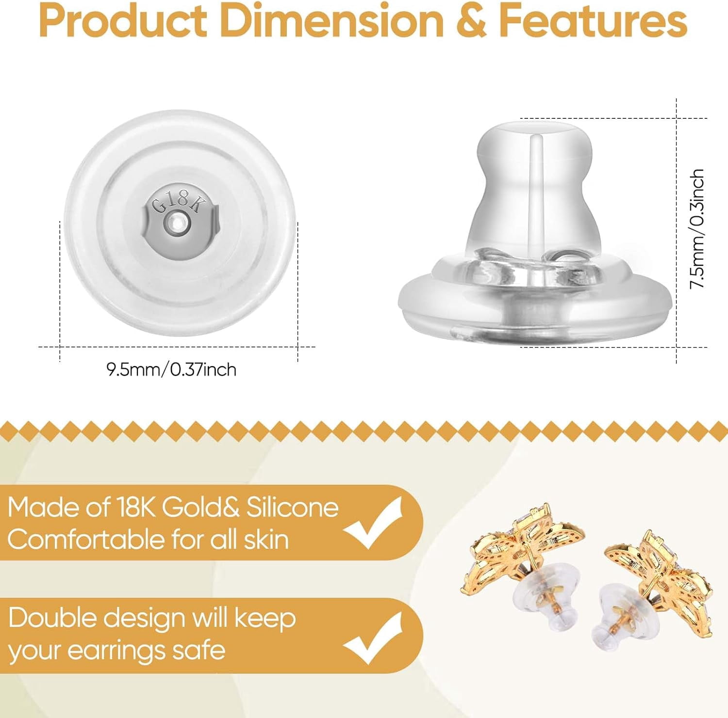 Earring Backs,18K Gold Silicone Earring Backs for Studs/Droopy Ears,Locking Secure Earring Backs for Heavy Earring,No-Irritate Hypoallergenice Soft Clear Earring Backs for Adults