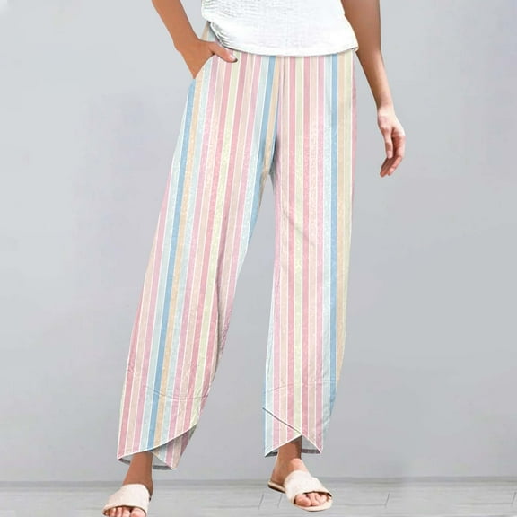 Women's Casual Pants Striped Linen Pants For Women Summer Casual Wide Leg Pants With Pockets Comfy Cropped Palazzo Pants,Pink Women's Casual Pants XXL