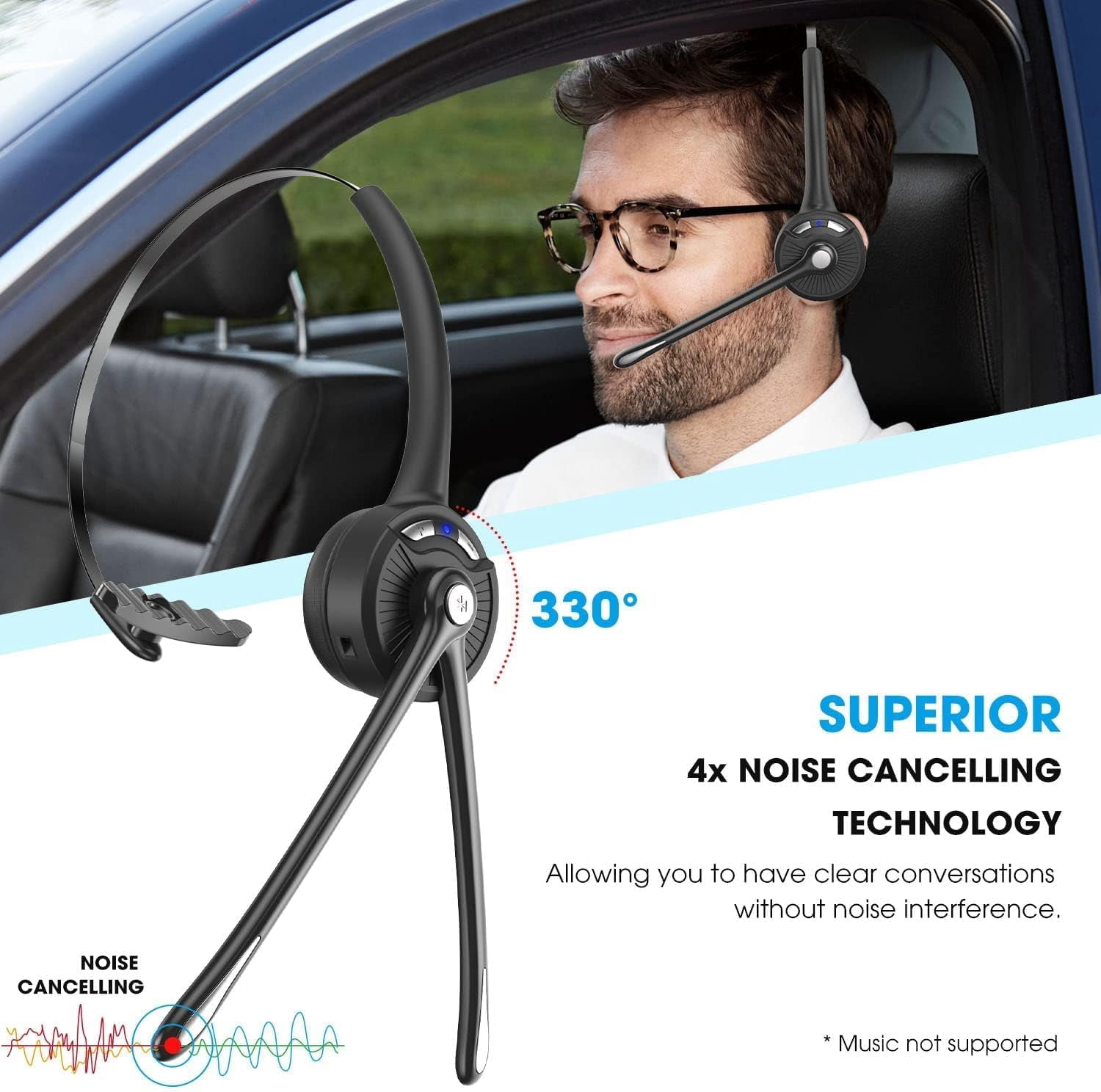 Bluetooth Headset with Microphone,V5.1,Noise Canceling Wireless On Ear Headphones, Bluetooth Headphones with Mic, Phone Headset Mute Button for Laptop, Skype, Call Centers, Office, Trucker