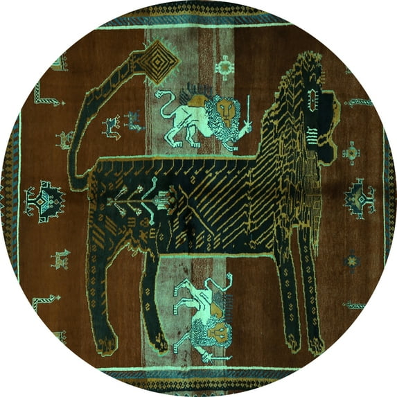 Ahgly Company Machine Washable Indoor Round Animal Turquoise Blue Traditional Area Rugs, 6' Round