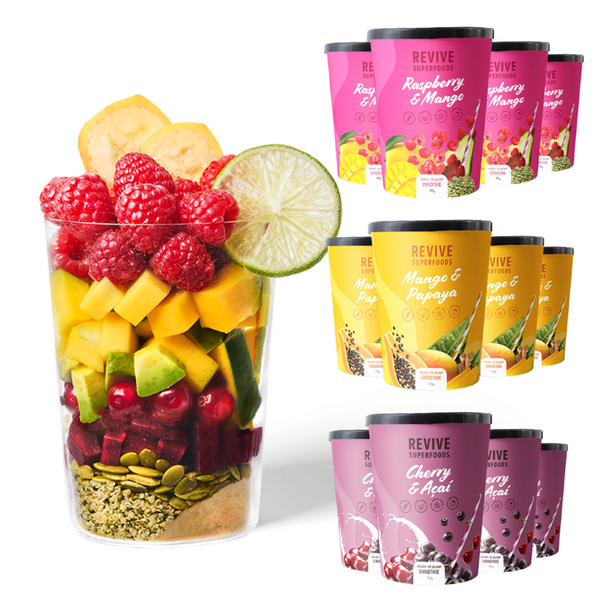 REVIVE SUPERFOODS Plant Based Frozen Fruit Smoothie Kit 12 Pack Berry