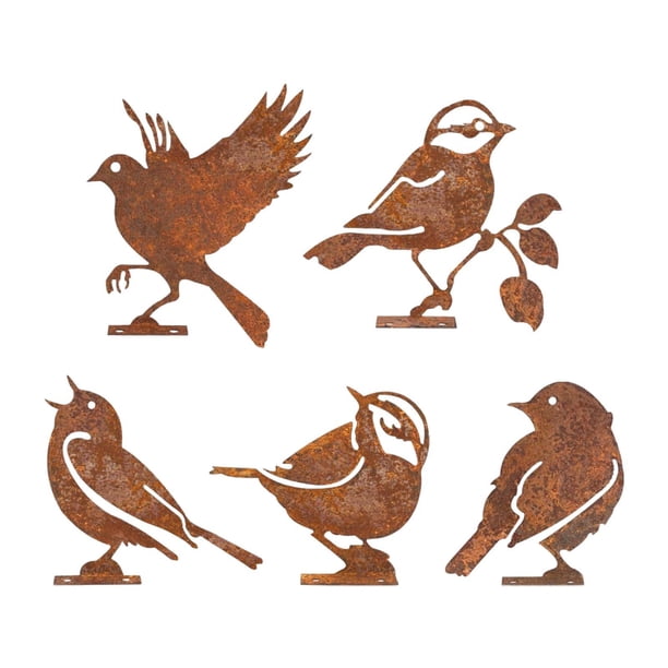 5 piezas de adornos de pájaros oxidados para jardín, para cercas y ramas al aire libre. Estilo A