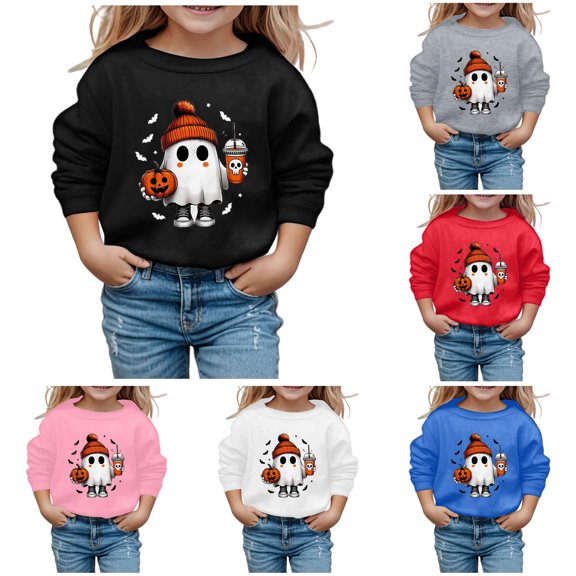 XAOFW Girls Halloween Sweatshirt Cute Ghost Printed Long Sleeve Crew Neck Hoodless Sweatshirts Loose Fit Fashion Pullover Versatile Top 3-4 Years