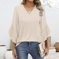 thumbnail image 2 of Yubnlvae Beige Blouses for Women Casual 3/4 Length Sleeve Womens Tops V Neck Tshirts Shirts with Flared Sleeve, L, 2 of 5