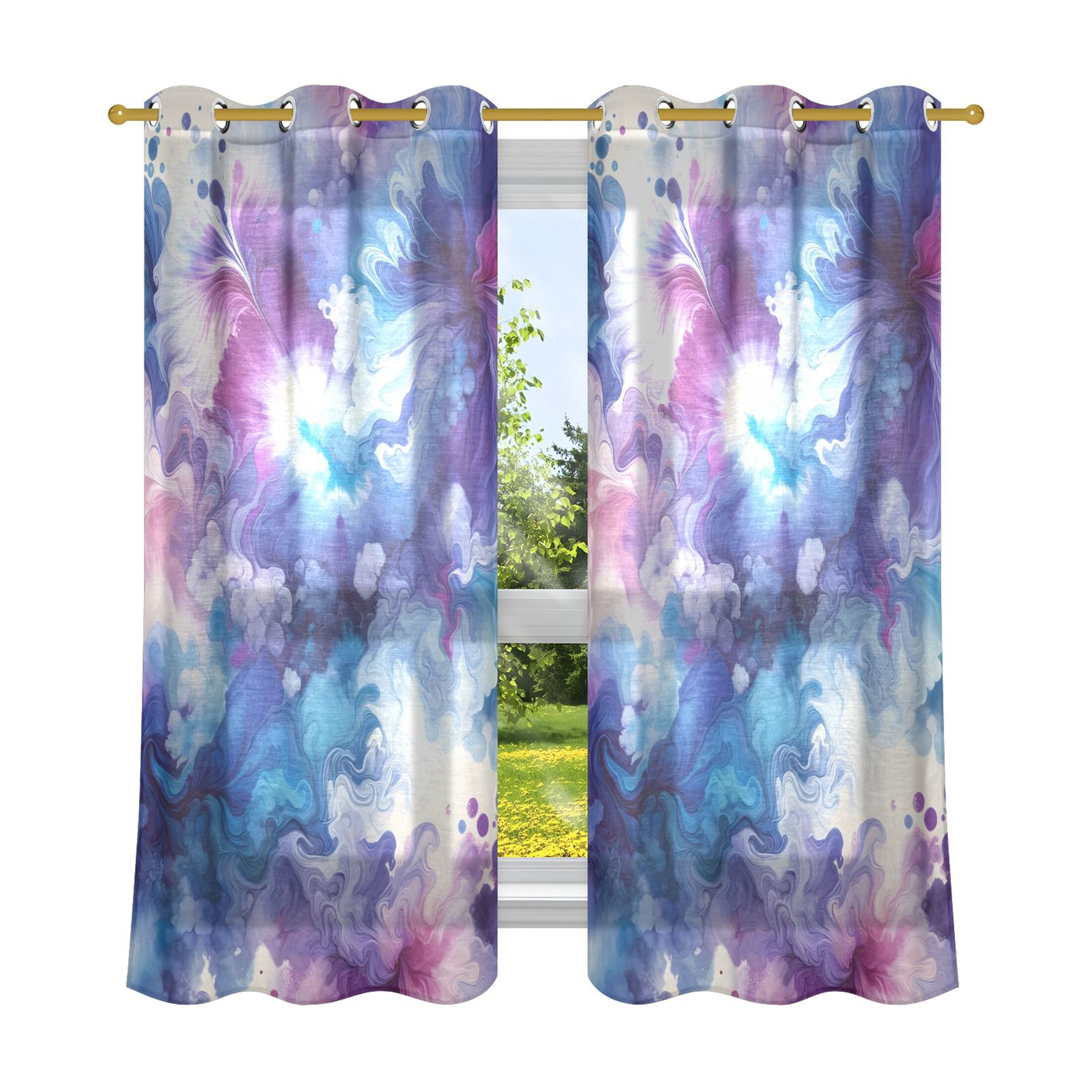 Blue and Purple Marble Faux Linen Curtains Semi Sheer 2 Panels Voile Sheer Drapes for Office Living Room 63x42in