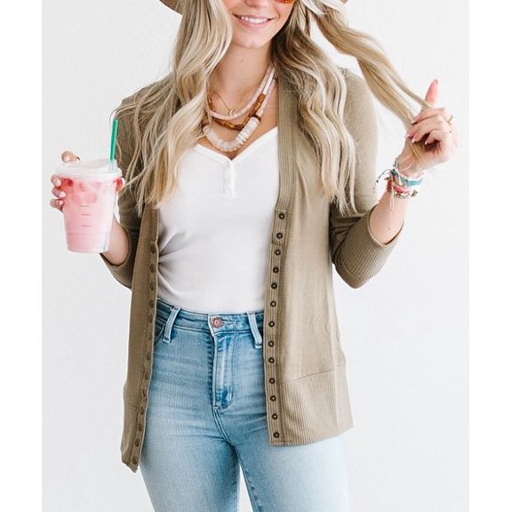 Zenana Outfitters Khaki Three Quarter Sleeve Snap Cardigan