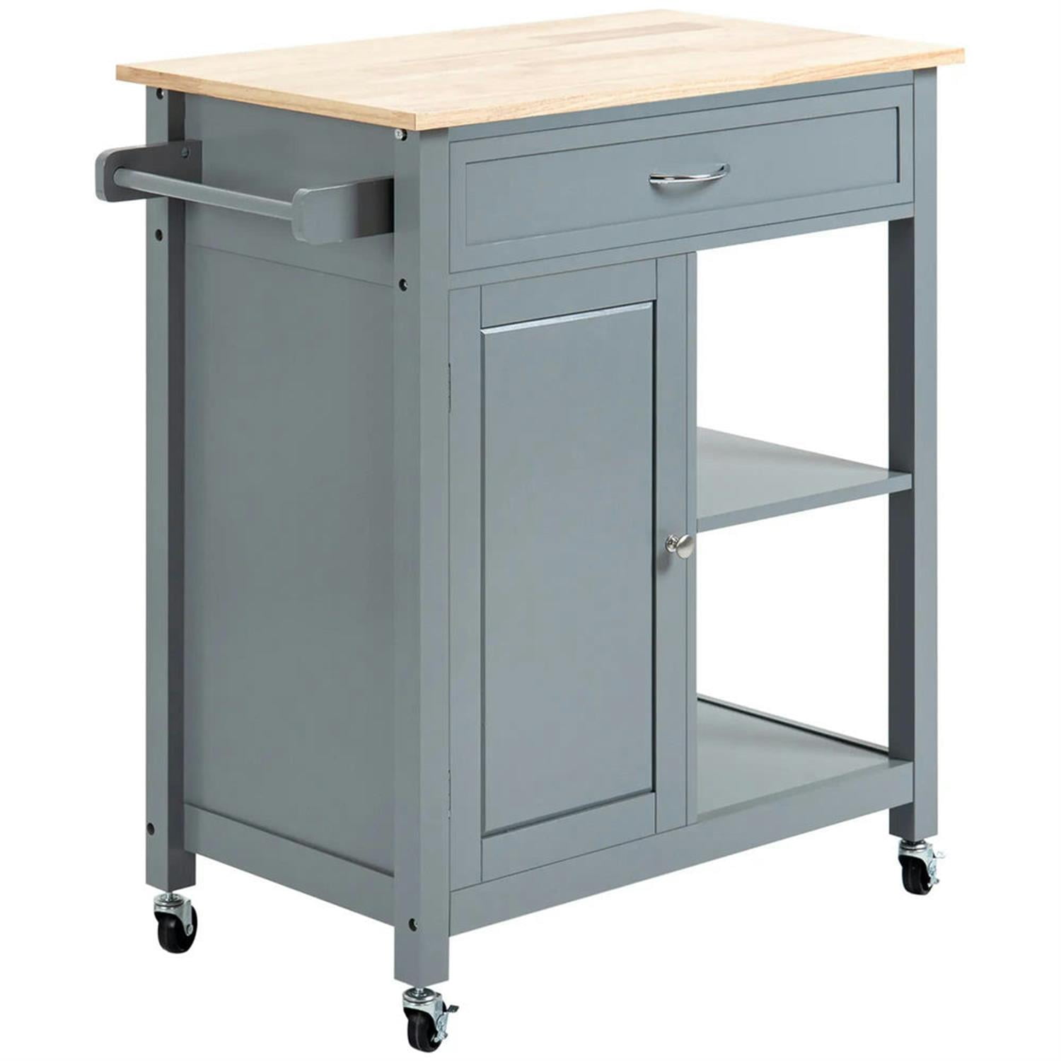 Demi Bonn 34" Kitchen Island Cart on Wheels with Storage Shelf, Rolling Dining Room Serving Utility Carts Mobile Movable with Wood Top and Drawer, Gray