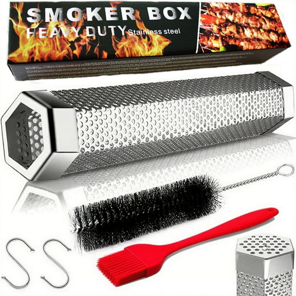 YMWVH 12-in Stainless Steel Pellet Smoker Tube Set: 5H Continuous Smoke, Hot & Cold Smoking, with 2 Hooks, Cleaning & Oil Brushes, Fits Multiple Grills