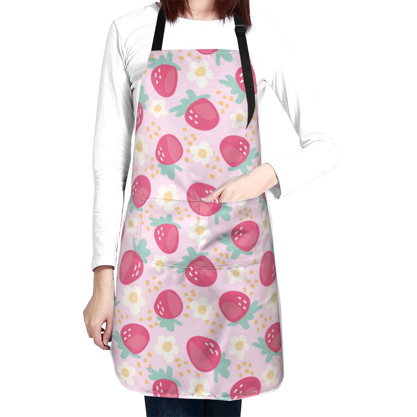 Kdxio Floral Strawberr Apron with Pockets Adjustable Kitchen Aprons for Men Women Waterproof Aprons for Cooking,Drawing,Crafting, Baking Household Cleaning
