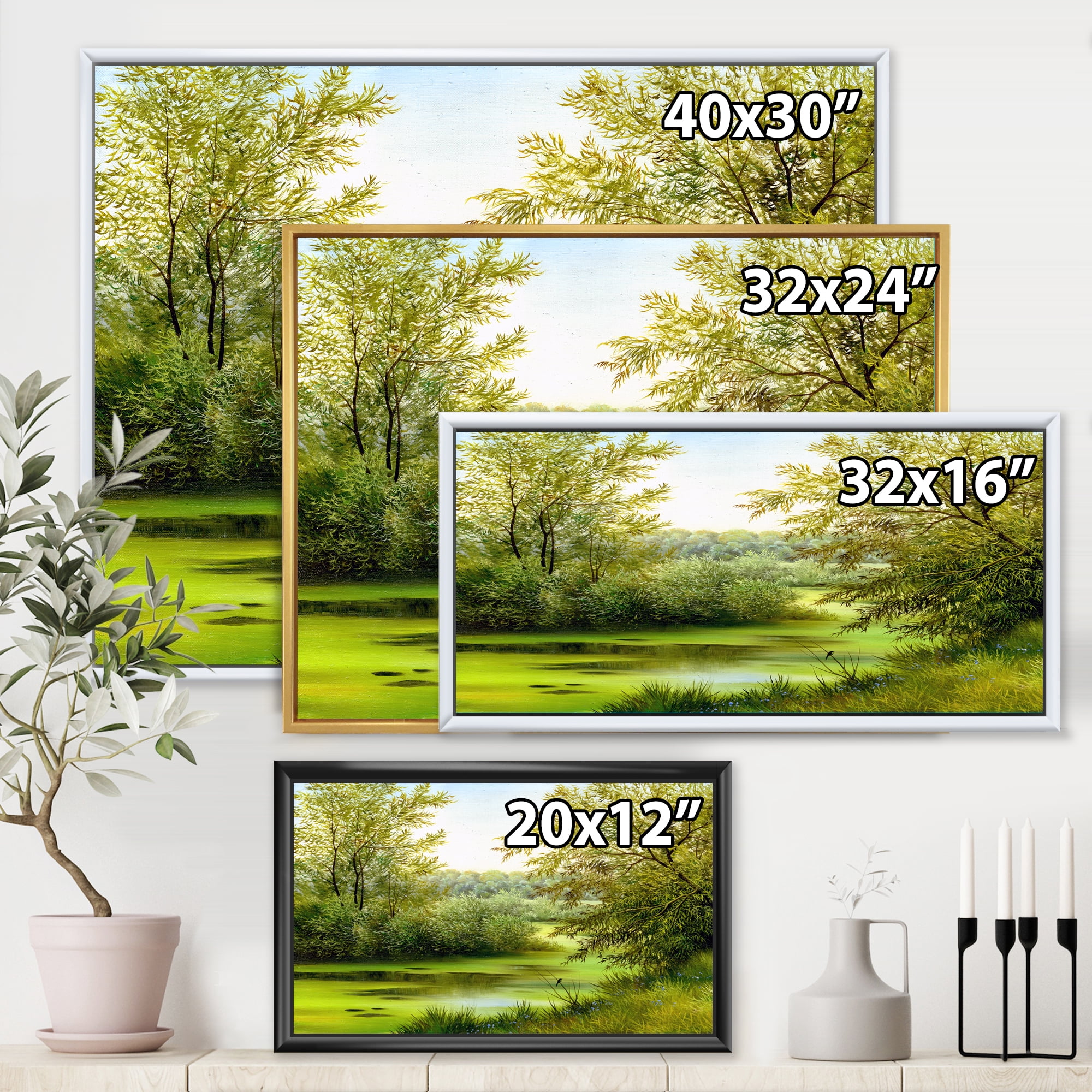 Designart 'Spring Trees With Green Pond' Country Framed Canvas Wall Art Print