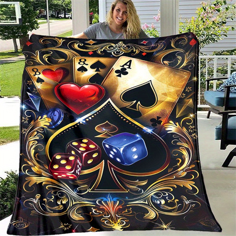 Vintage Poker and Dice Blanket 85.04inch Retro Plush Throw Warm & Lightweight Multipurpose Sofa Bed Travel Picnic Mat Non-Woven Red Longest Side Over 70.87inch