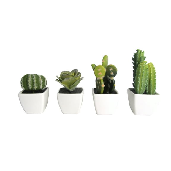 K-Cliffs Artificial Mini Succulent 3" to 5"  Cactus in White Ceramic Cube  Pot 4pcs Set,Ball Cactus - 2.25 W X 3.25 H X 2.25 D;  Fairy Castle Cactus - 2.25 W X 5 H X 2.25 D; Prickly Pear Cactus - 2.2