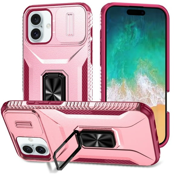 TJS for iPhone 16 Plus Phone Case, Impact Resistant Slide Camera Cover Shockproof TPU PC Lens Protection Metal Ring Magnetic Support Kickstand Cover (Pink/Burgundy)
