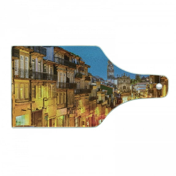 European Cutting Board, Cityscape Toward Old Buildings in Porto Mediterranean Town Streets Scenic Image, Tempered Glass Cutting and Serving Board, Wine Bottle Shape, Multicolor, by Ambesonne