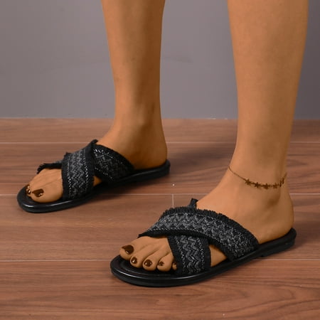 

NECHOLOGY Kitty Slippers for Women Size 9 Fashion Women Beach Slip On Weave Cloth Casual Open Toe Non Slip Bunny Slippers Women Black 7