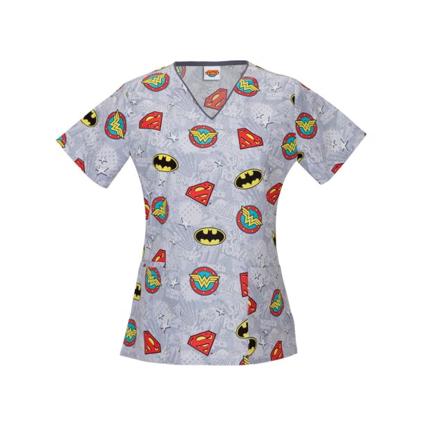 DC Comics Women's Fashion Collection Super Heroes VNeck Scrub Top