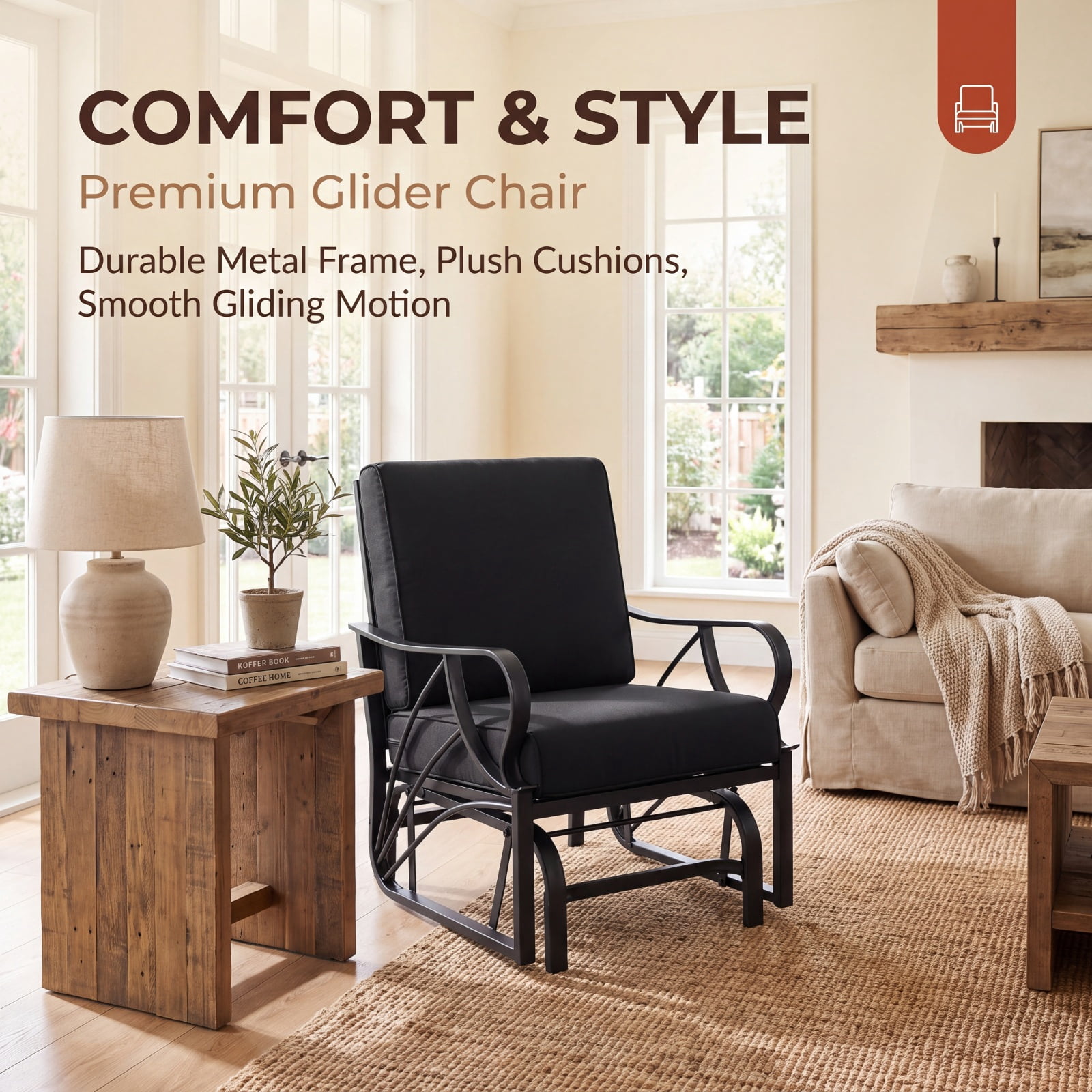 Furnibear Patio Glider Rocking Chair with Thick Cushion Curved Armrests Easy to Clean Metal Frame and Smooth Gliding Motion for Porch, Black