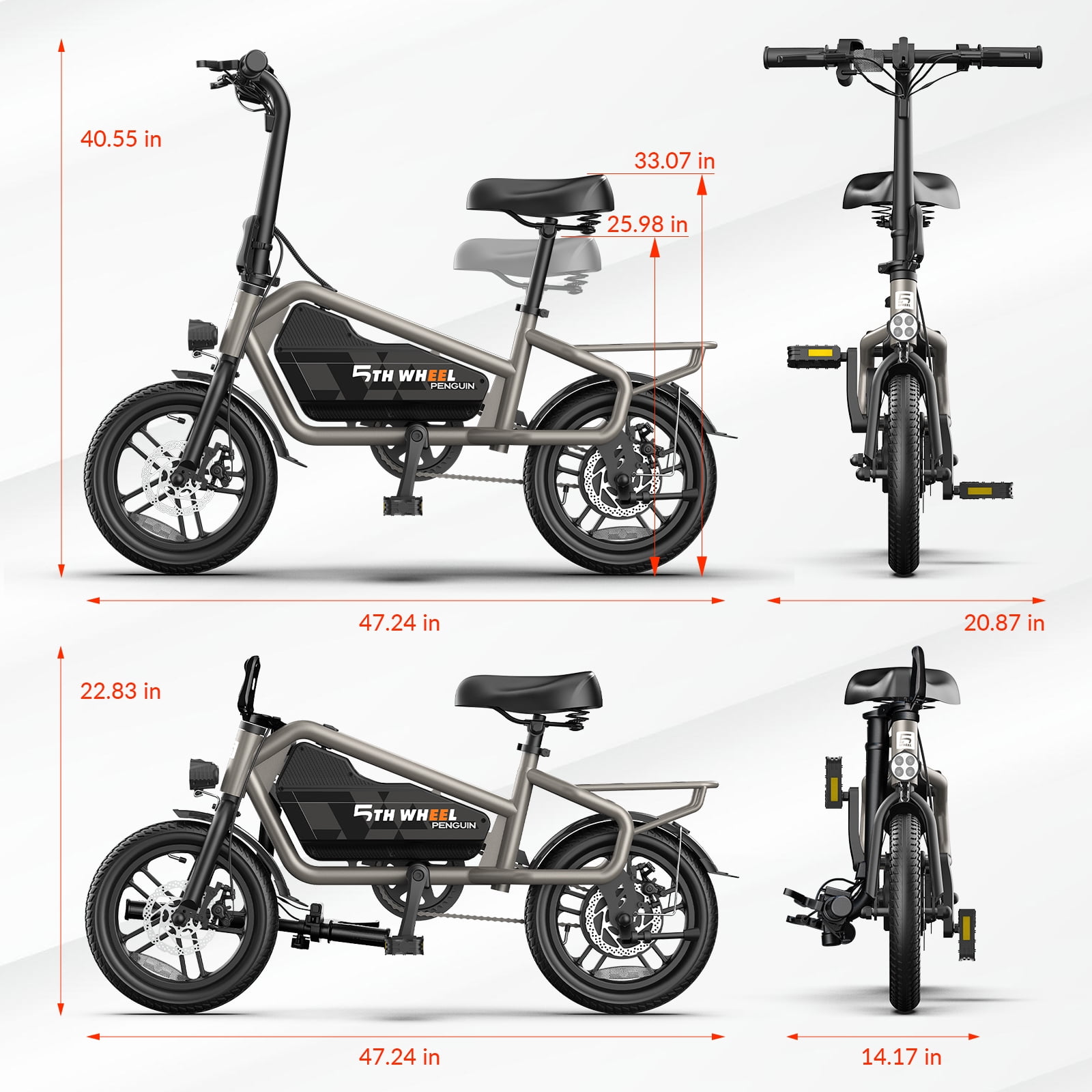 5TH WHEEL 14" Electric Bike for Adults with 650W Peak Motor Electric Bicycle, 36V 7.8Ah Battery Ebike, UL2849