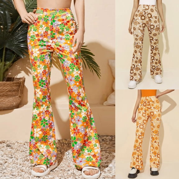 Womens Flare Leg Hippie Pants High Waist Stretch Bell Bottom Slim Fit Floral Prints Trousers Brown S