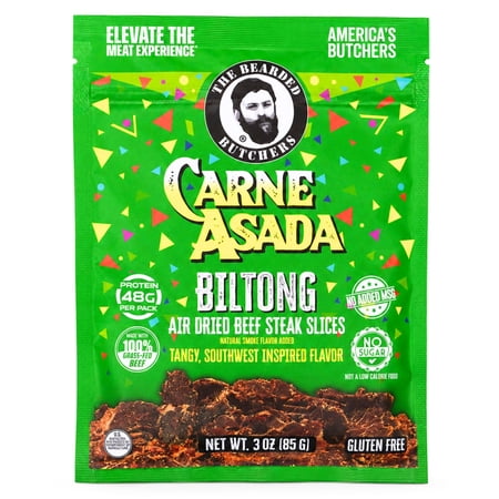 Bearded Butchers Carne Asada Biltong, 3 oz – Air-Dried Beef Snack, High Protein, Zero Sugar, Gluten-Free, 39g of Protein per Pack