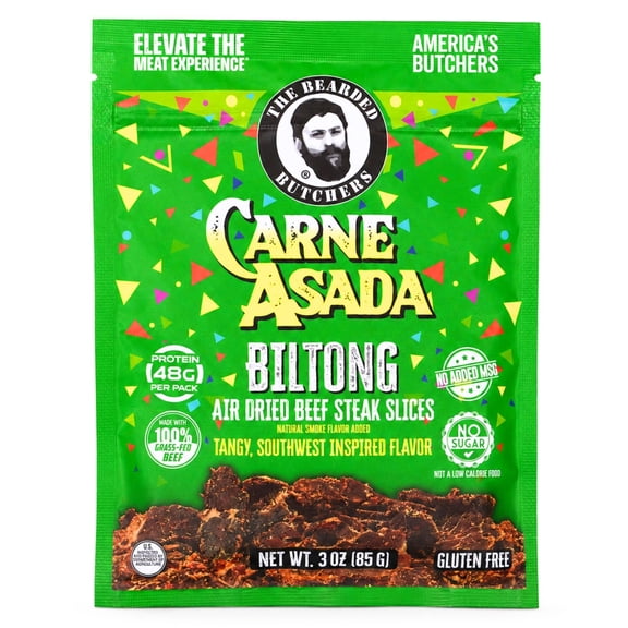 Bearded Butchers Carne Asada Biltong, 3 oz – Air-Dried Beef Snack, High Protein, Zero Sugar, Gluten-Free, 39g of Protein per Pack