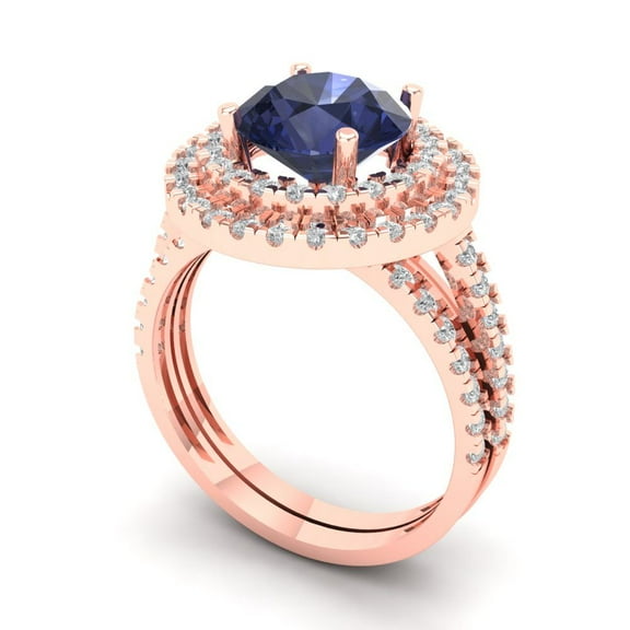2.68 ct Brilliant Round Cut Blue Sapphire 18K Rose Gold Halo Solitaire with Accents Engagement Bridal Wedding Ring Band Set size 9.5