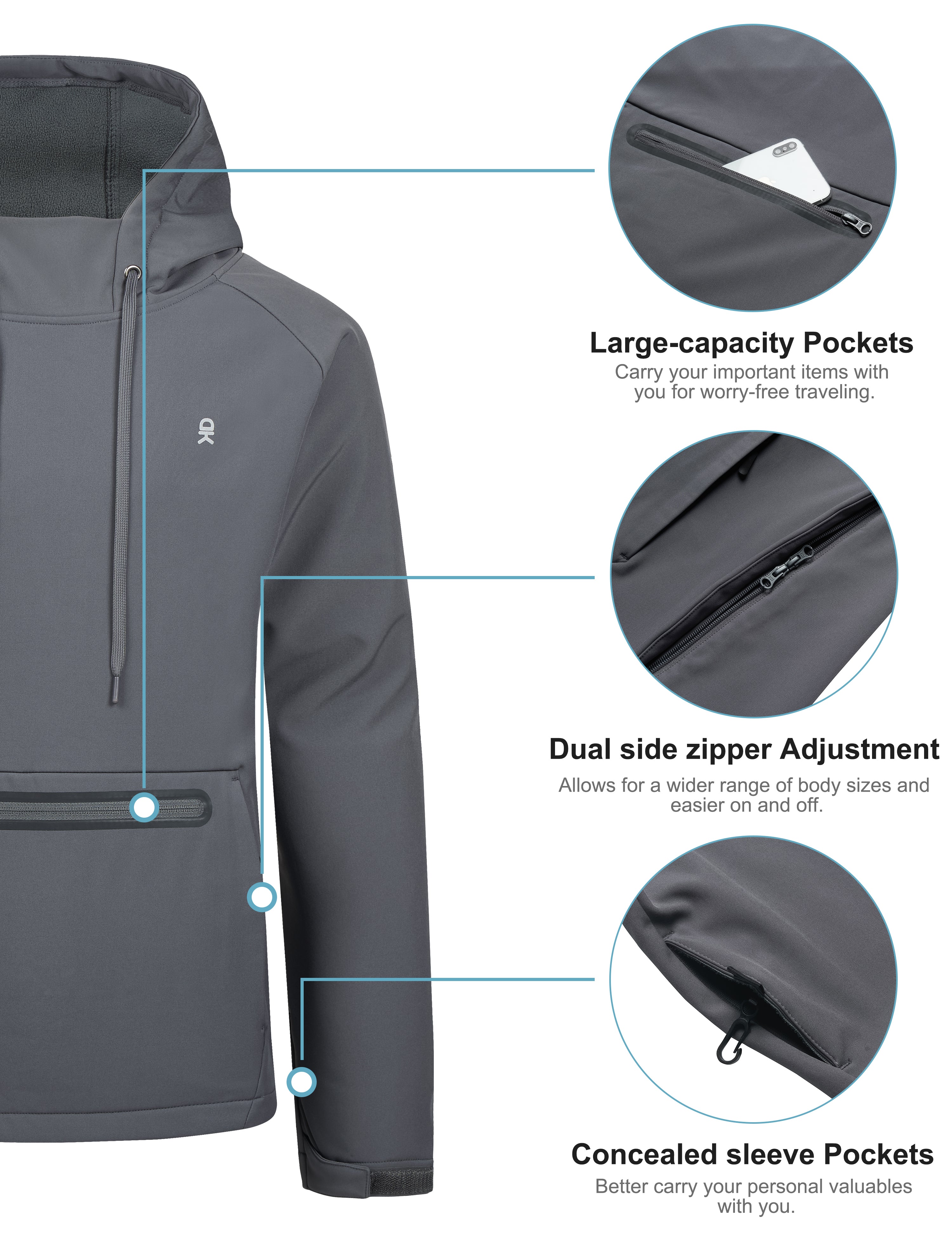 Little Donkey Andy Mens Fleece Hoodies Water Repellent, Thermal Insulation Pullover Hooded Sweatshirt UPF50+ (Iron Grey XL)