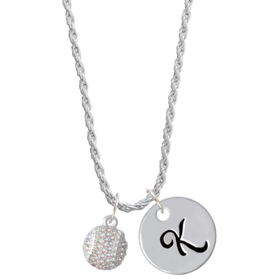 Delight Jewelry Silvertone Small Sparkle Clear AB Softball Silvertone Script Initial Disc - K - Charm Necklace, 20"+3"