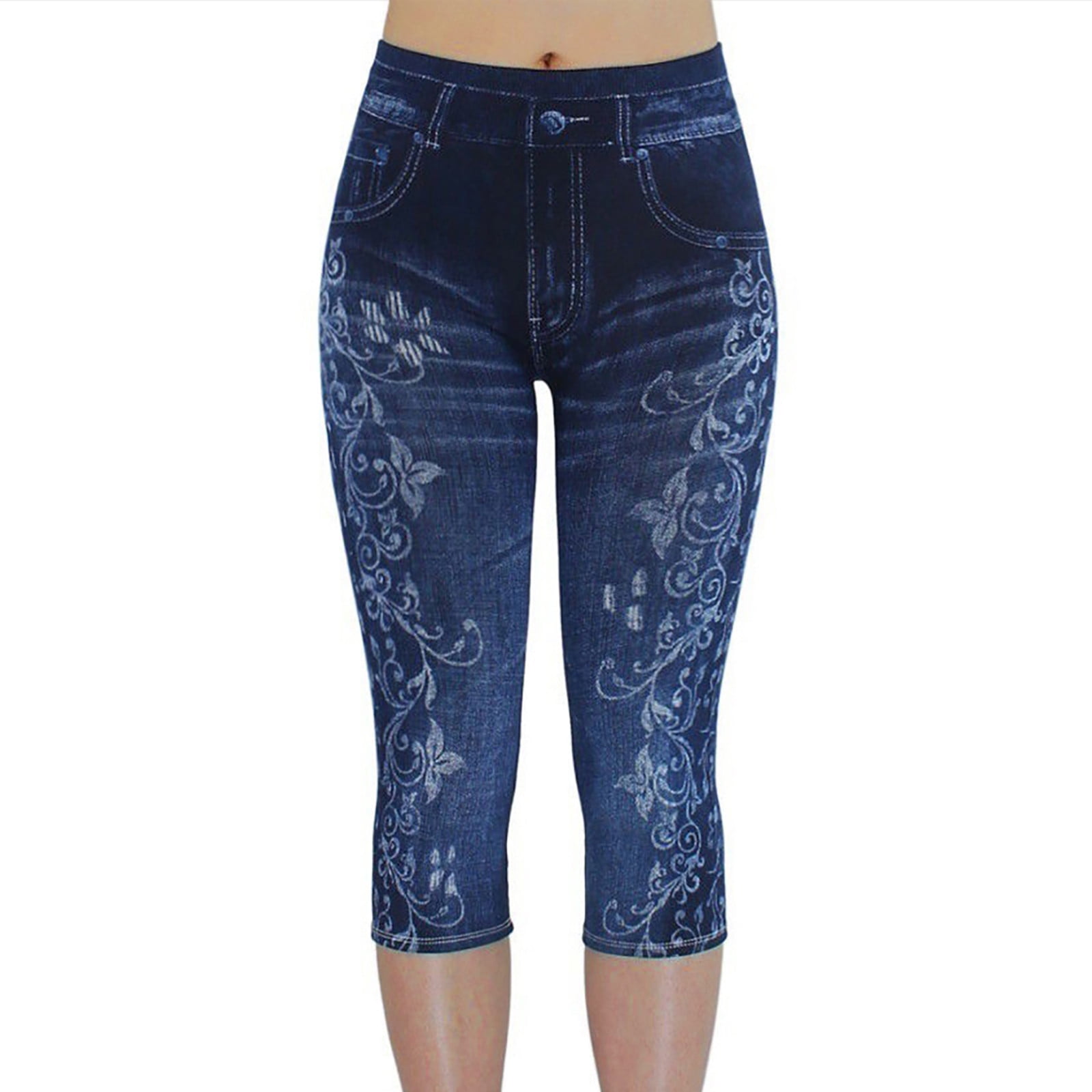 Jovati High Waisted Leggings For Women Womens Imitation Denim Printed Leggings Capris High Waisted Elastic Pencil Capris Cotton Capri Leggings For Wom
