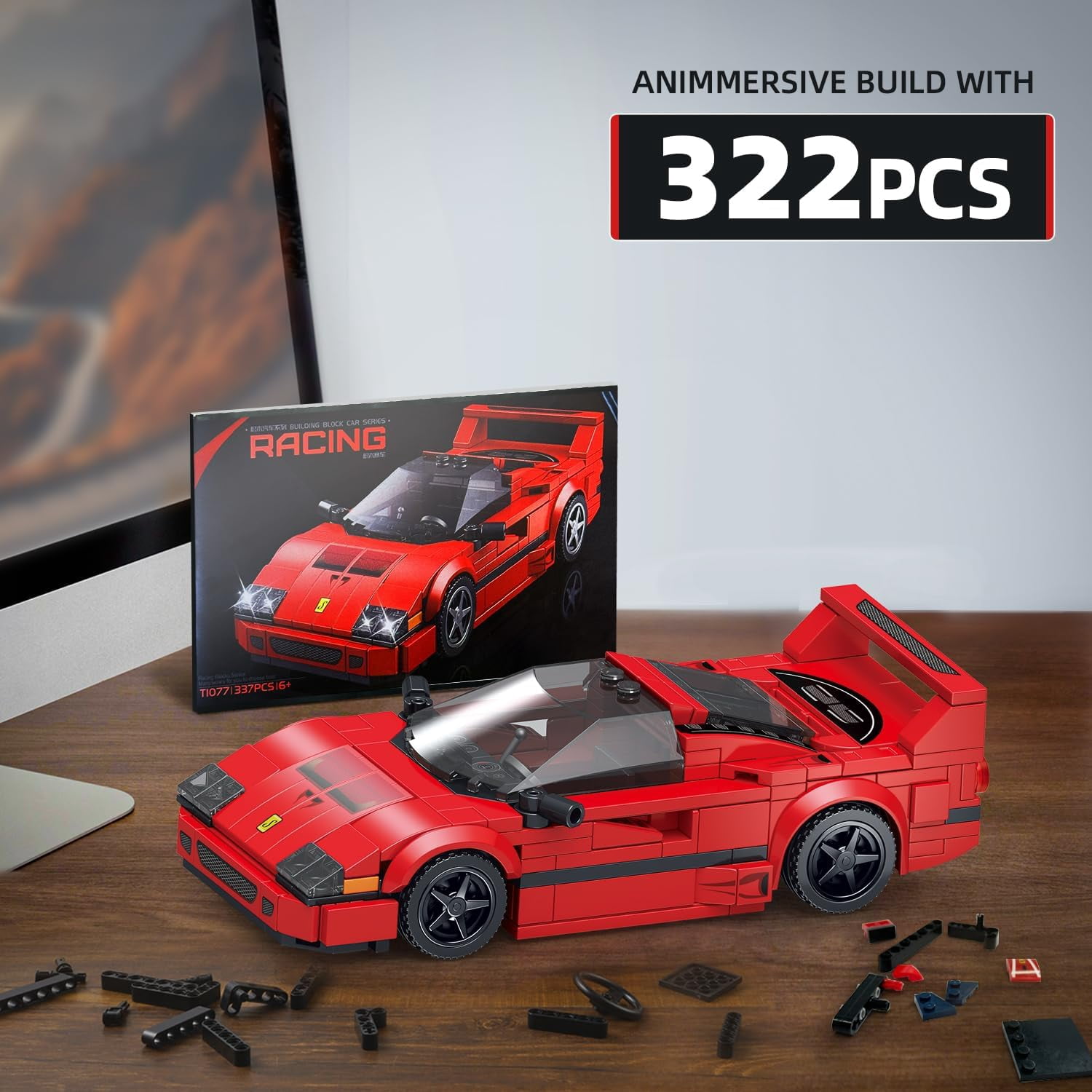 Car Building Kit with Display Case, Cool Collectible Model Super Race Car Building Blocks Set, 1:24 Scale Collectible Model Cars Set for Sports car Lovers 322PCS