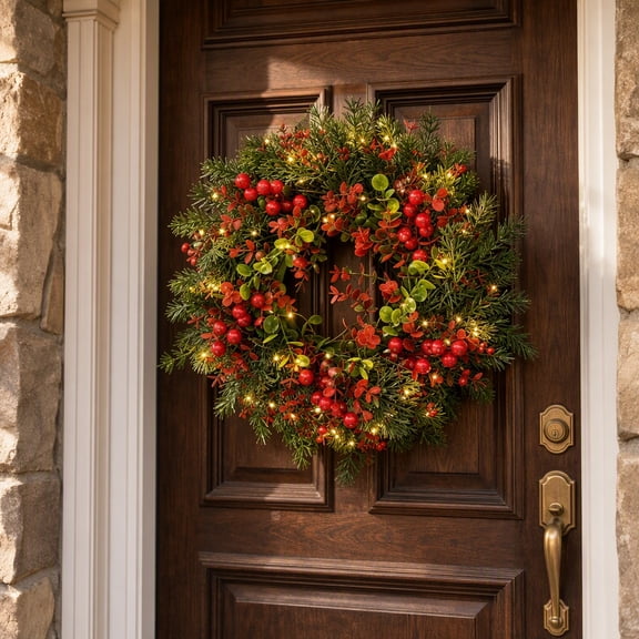 Pre‑Lit Artificial Christmas Wreath with Red Berries for Front Door