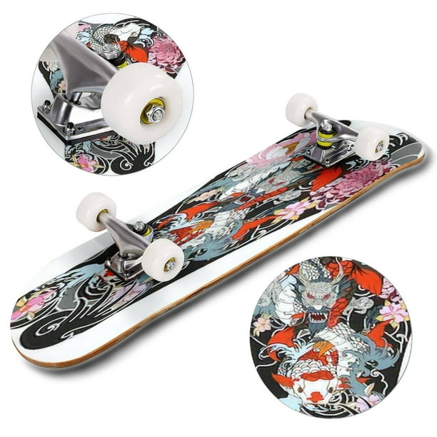 Machu Picchu Distinción Del Sur Dragon and Koi fish with peonyChrysanthemumRoseSakura flowerLotus and  Outdoor Skateboard 31"x8" Pro Complete Skate Board Cruiser 8 Layers Double  Kick Concave Deck Maple Longboards for Youths Sports - Walmart.com