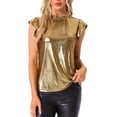 thumbnail image 1 of BLUSA METÁLICA DE MANGA CORTA CON CUELLO RIZADO BRILLANTE Y ESPUMOSO PARA MUJER INSPIRE CHIC S ORO, 1 of 6
