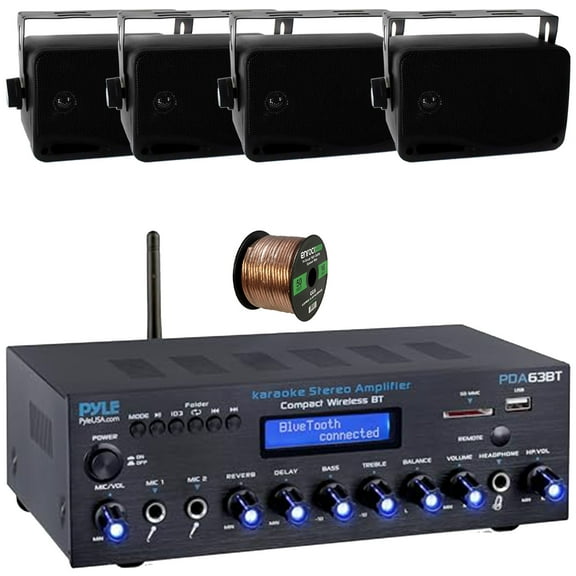 Pyle PDA63BT Wireless Bluetooth USB/SD/AUX FM Radio Home Audio Amplifier Receiver, 4x Pyle PLMR24B 3.5'' 200W Max Power 3-Way Indoor/Outdoor Wall Mount Black Speakers, 50 Feet 16 Gauge Speaker Wire