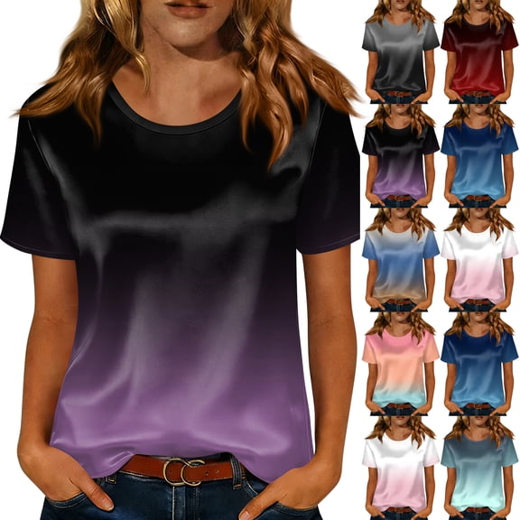 Womens Satin Summer Tops Short Sleeve Gradient Blouses Crew Neck Shirts Business Casual Outfits Fashion Clothing 2026, 2XL