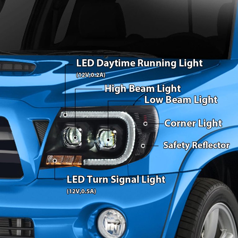 LED Tube Headlights For 2005-2011 Toyota Tacoma – Black Housing, Clear Lens