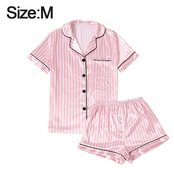 Women's Striped Silky Satin Pajamas Short Sleeve Top with Shorts Sleepwear  PJ Set Button Shirt Silky Sleepwear 