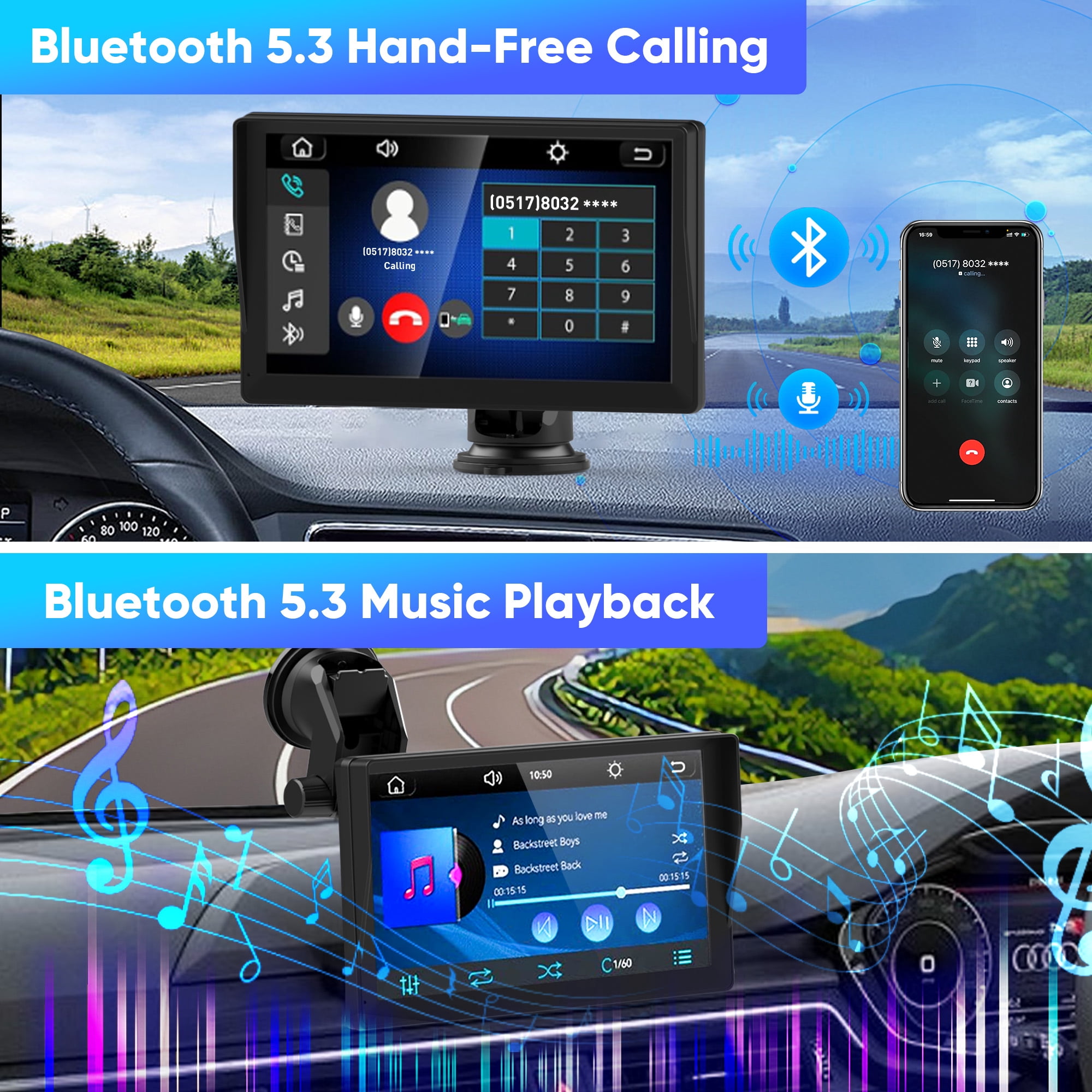 New Portable 9'' Wireless Apple Carplay for Universal Vehicle, Touchscreen Car Stereo with 1080P Rear Camera and TF Card