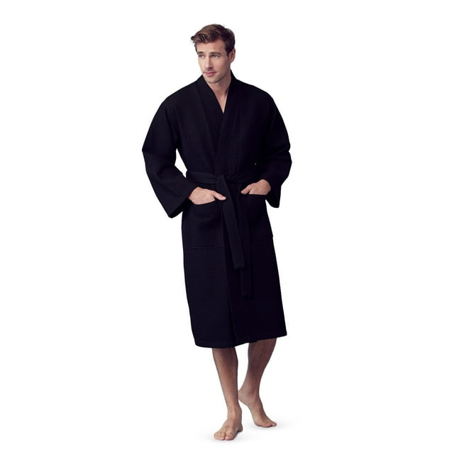Bath Robe with Slipper Set - Waffle Square Pattern Spa Garment with 2 Front Pockets, Flat Collar & Belt - 60% Cotton and 40% Polyester Blend - Absorbent, Breathable, Lightweight & Soft Fabric for Men
