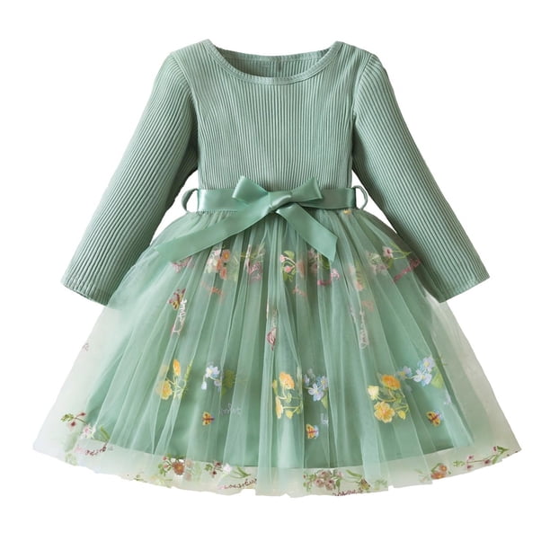 Odeerbi Niñas Floral Bordado Tul Vestido Manga Larga Rib Knit Vestido Fiesta Princesa Vestidos Primavera Otoño Ruffled Encaje Malla Lazo Vestido