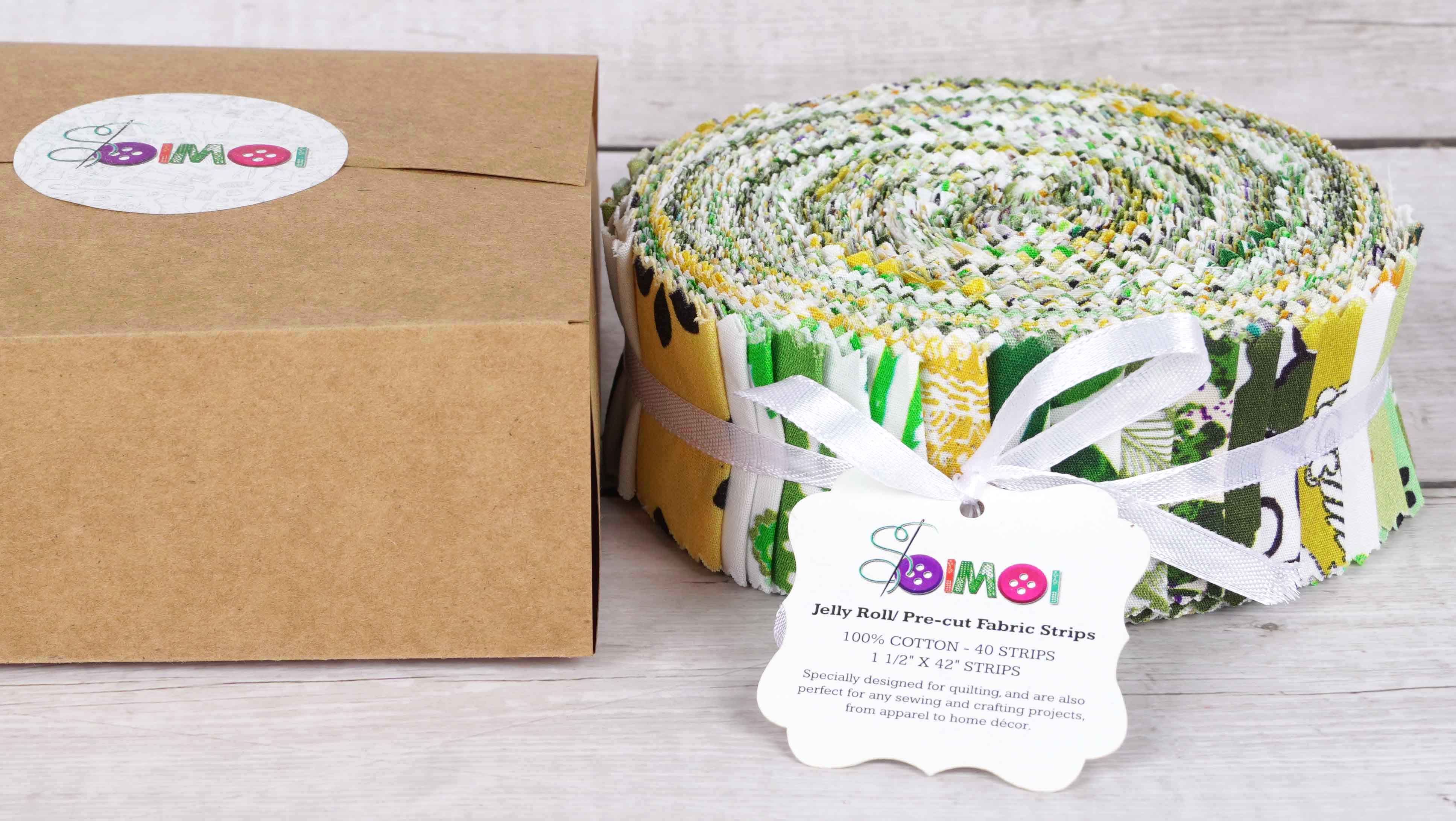 Soimoi 40Pcs Block Print Precut Fabrics Strips Roll Up 1.5x42inches Cotton Jelly Rolls For Quilting - Green