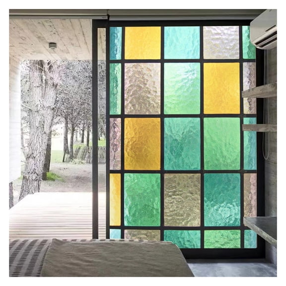 Window Privacy Film Anti UV Privacy Glass Window Frosted Film Church Style Colored Lattice Pattern Glue-Free Static Cling Glass Door Sticker