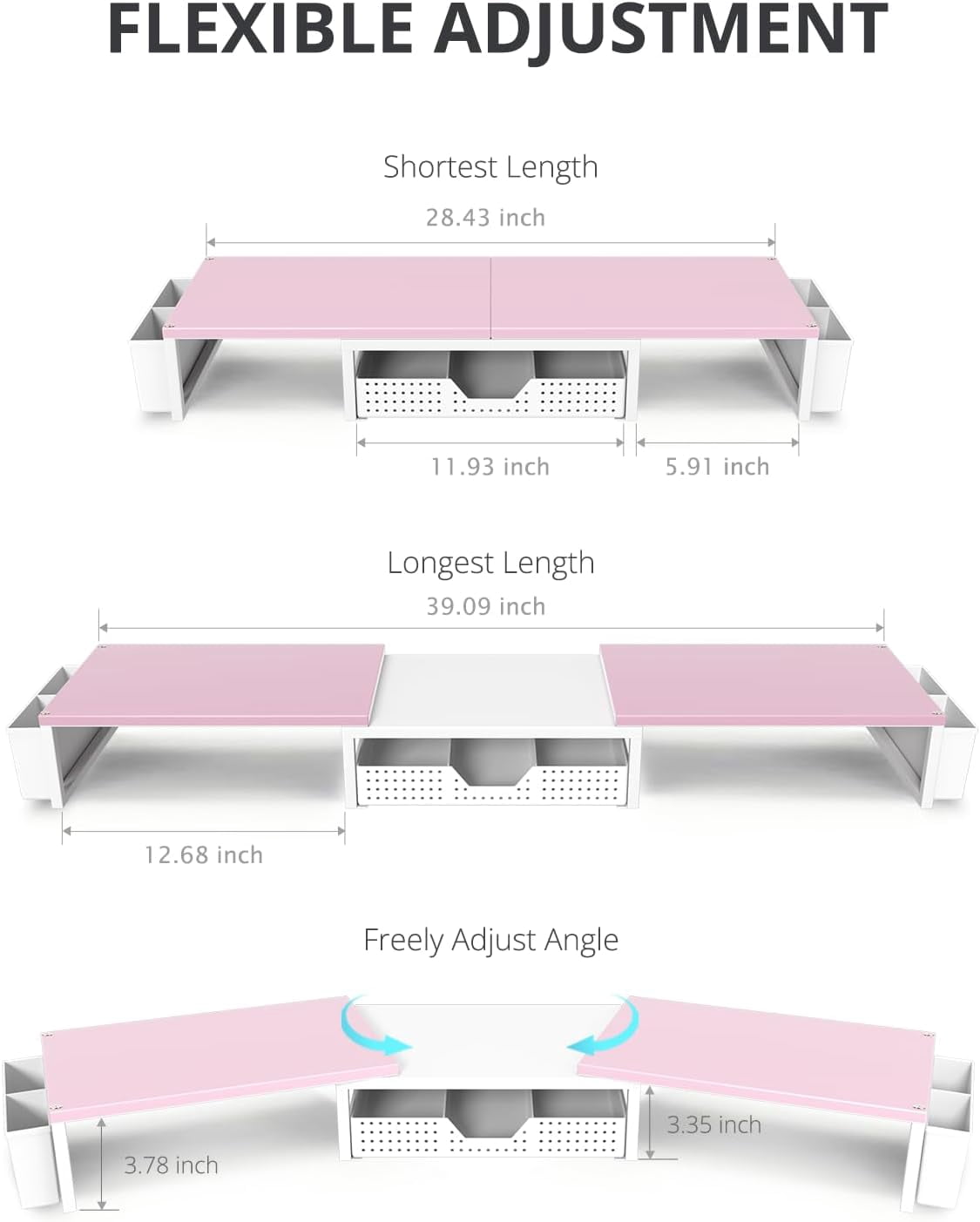 Desk Organizers and Accessories, Dual Monitor Stand Riser with Drawer and 2 Pen Holders, Desk Shelf Wood Computer Racks for Office Workspace Organizers, Desktop Organization (Pink-White Wood)