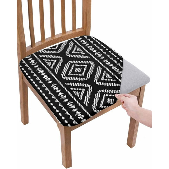 Black Boho Geometric Chair Seat Covers for Dining Room Stretch Chair Seat Covers Set of 2, Vintage Southwestern Stripes Chair Seat Protector Cushion Slipcovers for Kitchen Restaurant Office