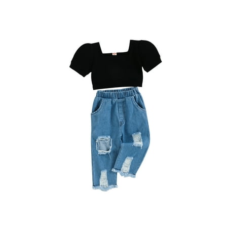 

aturustex Toddler Baby Girls Summer Outfits Solid Color Short Puff Sleeve Tops and Casual Ripped Denim Pants Set (3 Month-3 Years)