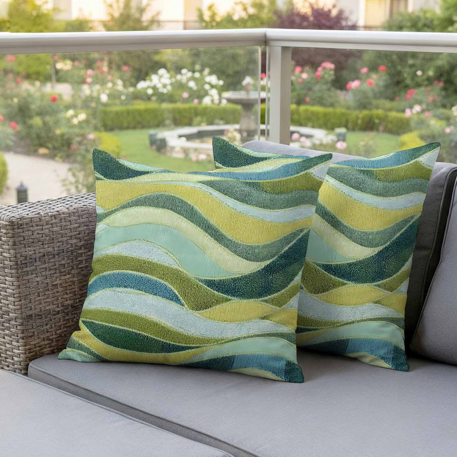 Teal Green Ombre Outdoor Waterproof Pillow Covers, Modern Abstract Moire Wave Striped Decorative Square Throw Pillowcase Sofa Cushion Sham for Patio/Couch/Chair, 24"x24" 2 Pack